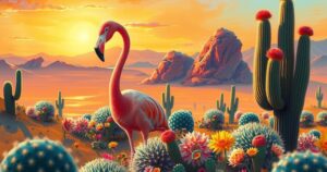 A vibrant desert landscape with a surreal flamingo gazing amid colorful flowers, inspired by Chilean cinema.