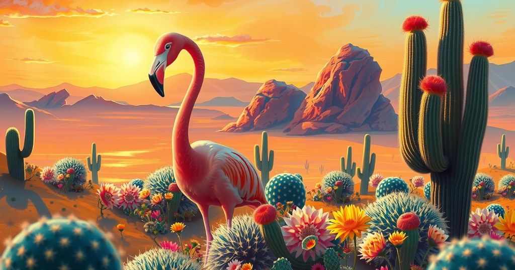 A vibrant desert landscape with a surreal flamingo gazing amid colorful flowers, inspired by Chilean cinema.