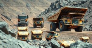 A fleet of autonomous mining trucks operating in a rugged coal mining landscape in Inner Mongolia.