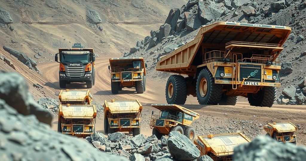 A fleet of autonomous mining trucks operating in a rugged coal mining landscape in Inner Mongolia.