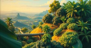 A scenic view of Suriname's lush landscape with oil pipes, symbolizing growth and transformation.