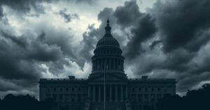 A dark government building silhouette with a stormy sky and foreboding atmosphere, illustrating tense political climate.