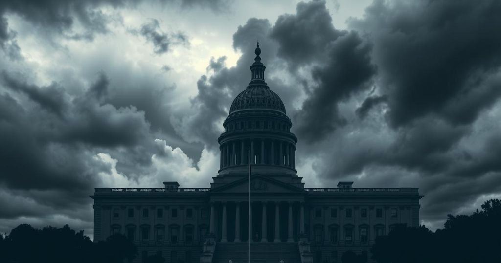 A dark government building silhouette with a stormy sky and foreboding atmosphere, illustrating tense political climate.