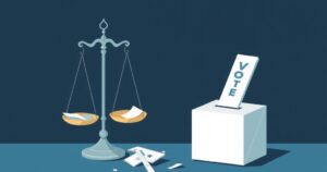 A symbolic representation of democracy with broken scales and a ballot box, illustrating electoral injustice and disillusionment.