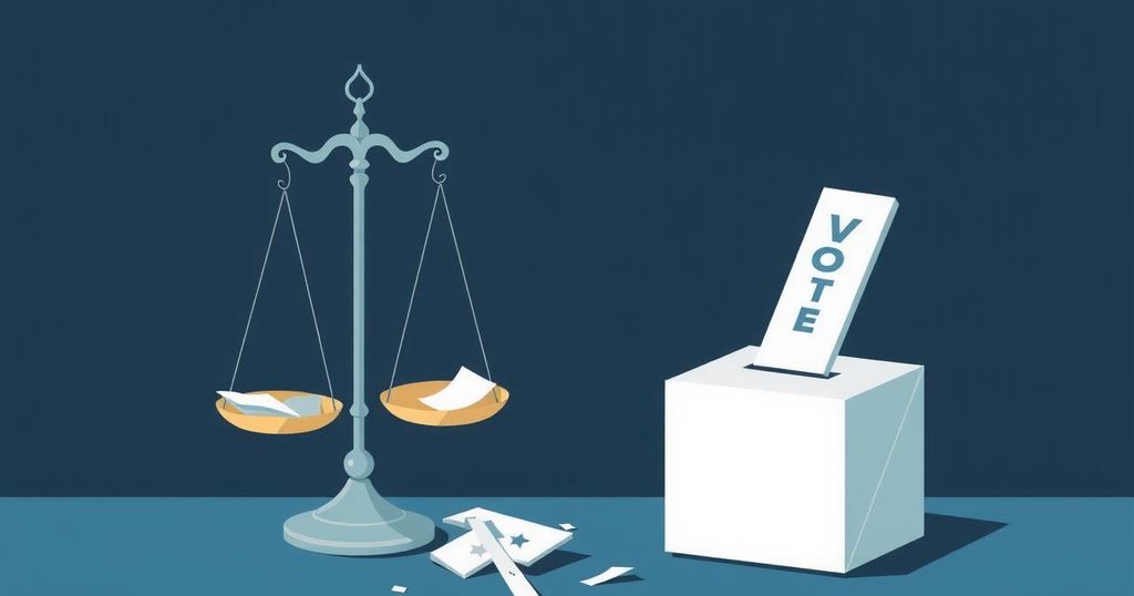 A symbolic representation of democracy with broken scales and a ballot box, illustrating electoral injustice and disillusionment.