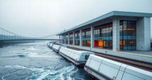 Renovated railway station at Tumen River, showcasing modern architecture and connecting North Korea with Russia.