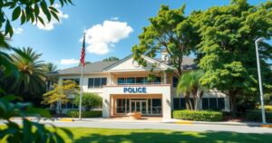 Mandeville police station exterior scene with lush greenery and bright Caribbean sunlight.