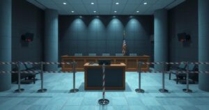 A courtroom with high security where a man is standing before judges, surrounded by police officers.