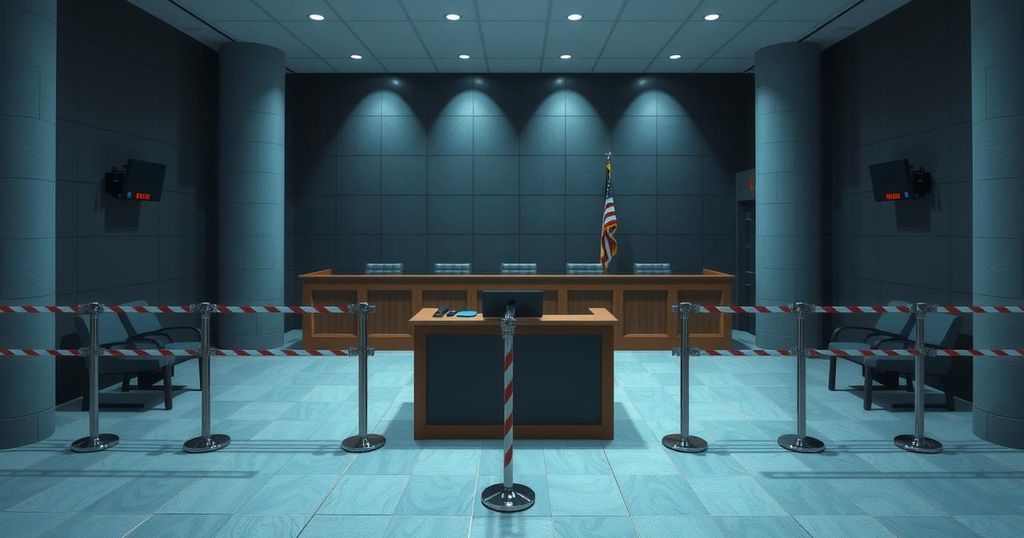 A courtroom with high security where a man is standing before judges, surrounded by police officers.