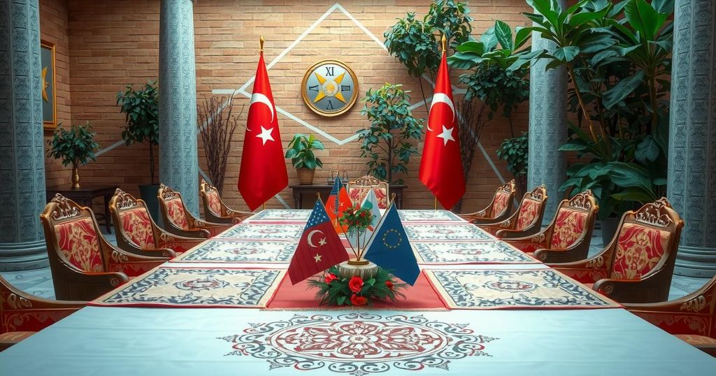 A scenic depiction of a tranquil negotiation table set in Turkey with calm colors and a peaceful atmosphere.