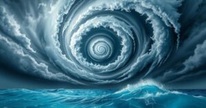 A swirling cyclone over ocean waters, featuring clouds spiraling inward, painted in shades of blue and gray.
