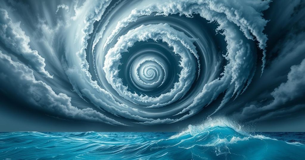 A swirling cyclone over ocean waters, featuring clouds spiraling inward, painted in shades of blue and gray.