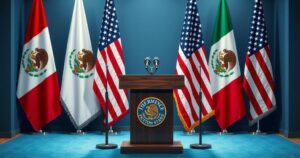 Morning press conference highlighting trade issues and communication between Mexico and the U.S. with a backdrop of flags.