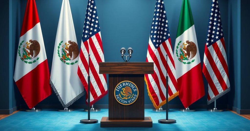 Morning press conference highlighting trade issues and communication between Mexico and the U.S. with a backdrop of flags.