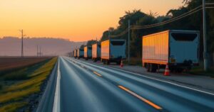 A tranquil road lined with orange traffic cones and parked trailers under a soft morning light.