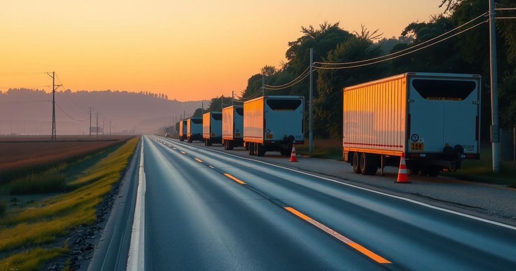 A tranquil road lined with orange traffic cones and parked trailers under a soft morning light.