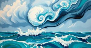 A vibrant scene depicting multiple storms developing over warm ocean waters, illustrating a busy hurricane season forecast.
