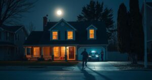 An urban scene depicting a night-time residential house being approached by authorities under dim lighting.