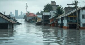 Flooded urban streets with buildings submerged in Kinshasa, depicting aftermath of heavy rains in vibrant color scheme.