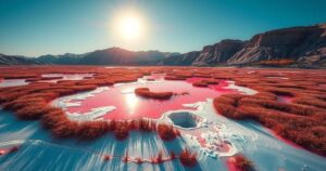 A surreal landscape of a crimson lake under the sun with surrounding salt marshes and a clear sky.
