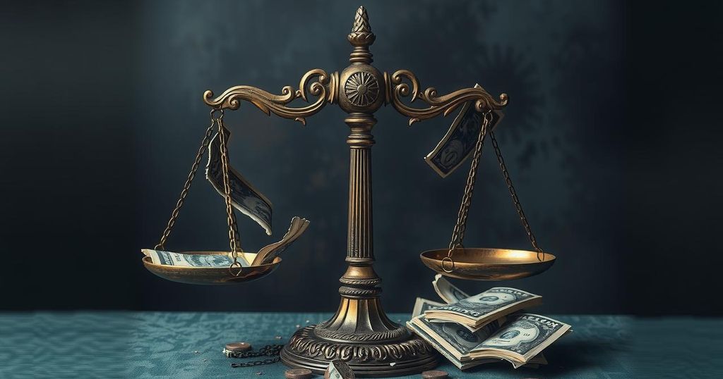 An illustration depicting the erosion of democratic principles with broken scales symbolizing justice and unity.