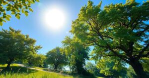 Scenic view of warm summer landscape with lush greenery and a bright sun radiating heat and vibrant colors.