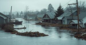 Flooded landscape with debris and neglected houses, evoking the aftermath of a natural disaster in a vulnerable community.