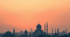 Cairo skyline at sunrise, symbolizing diplomacy with soft pastels and gentle light.