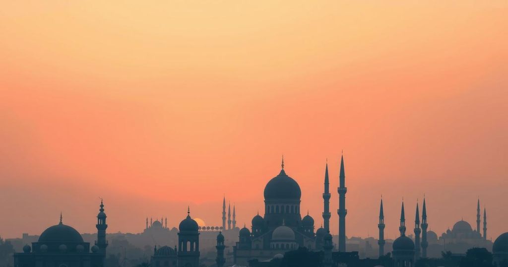 Cairo skyline at sunrise, symbolizing diplomacy with soft pastels and gentle light.