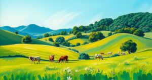 Vibrant green pastures with grazing animals under a clear blue sky, showcasing a tranquil farming landscape.