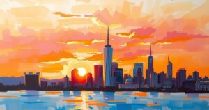 A vibrant city skyline at sunset representing hope and refuge with warm colors and a serene atmosphere.