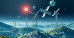 Satellite internet connections facilitating Lebanon's connectivity with a dramatic sky backdrop and modern satellite design.