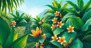 A vibrant green tropical landscape featuring exotic plants and fauna, inspired by Brazilian scenery.