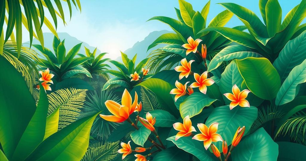 A vibrant green tropical landscape featuring exotic plants and fauna, inspired by Brazilian scenery.