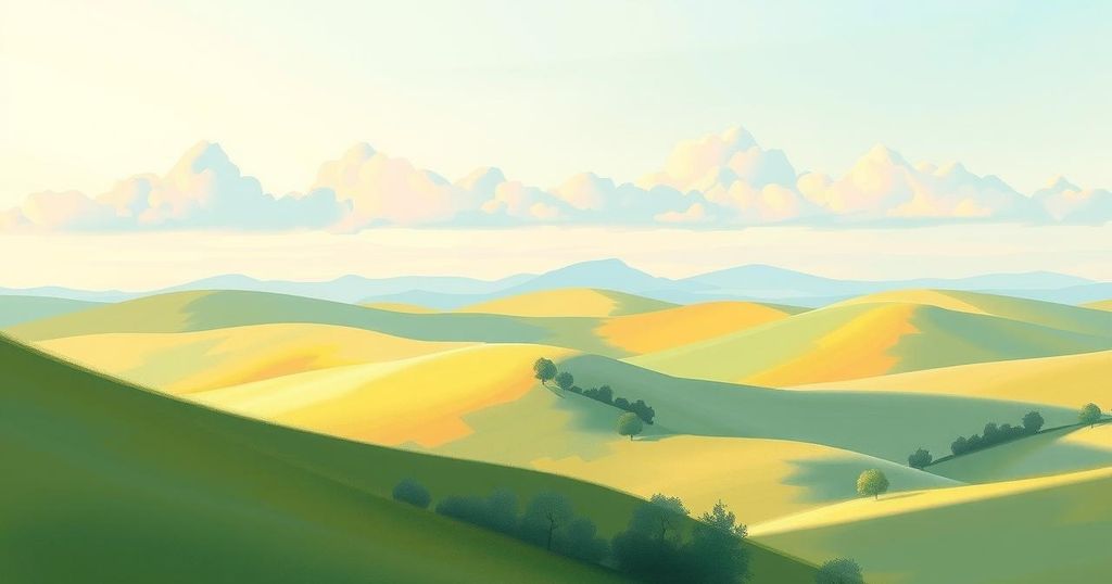 A peaceful landscape representing diplomacy and stability, with soft colors and gentle artistic style.