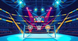 WWE arena with bright lights and vibrant colors, featuring championship belts and spotlighted ring in the center.