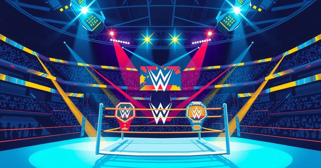 WWE arena with bright lights and vibrant colors, featuring championship belts and spotlighted ring in the center.