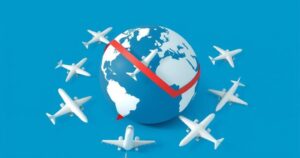 Travel restrictions announcement with a globe and airplane graphic emphasizing international travel policies.