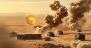 A Malian army camp under heavy attack, depicted with smoke, explosions, and military vehicles in a dramatic scene.