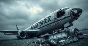 A modern airline crash scene with a Kingfisher Airlines aircraft wreckage against a cloudy sky.