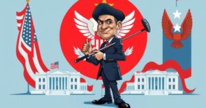 A political cartoon depicting a warrior in a suit with a golf club instead of a weapon, surrounded by symbols of power.