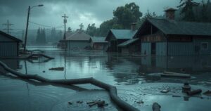 A view of a flooded area with submerged buildings and debris, showcasing environmental impact in Nigeria.