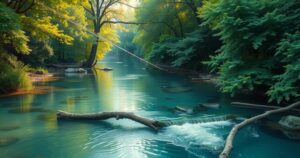 A serene creek with hidden hazards, surrounded by lush greenery, depicting nature's beauty and unseen dangers.