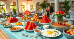Buffet breakfast spread featuring local dishes, fruits, and pastries in a bright hotel setting.