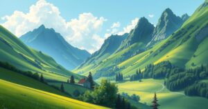 A serene landscape symbolizing peace, featuring a lush green valley between mountains under a bright blue sky.