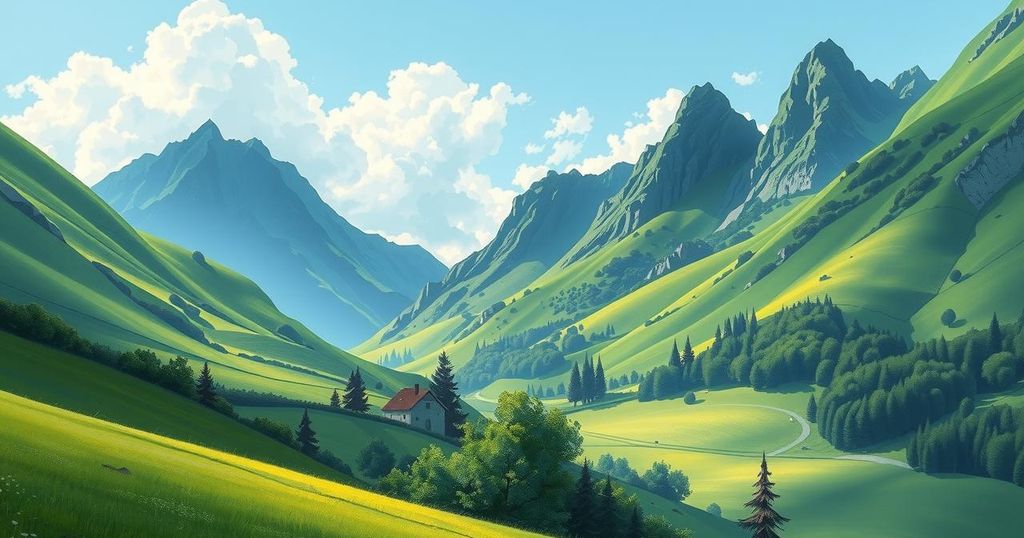 A serene landscape symbolizing peace, featuring a lush green valley between mountains under a bright blue sky.