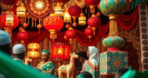 Colorful Eid Al-Adha celebration in Nigeria featuring decorative patterns and festive elements.