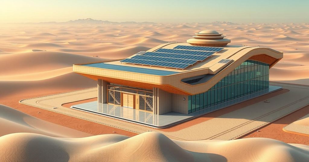 A modern semiconductor manufacturing facility in a desert landscape, showcasing advanced production technology and energy efficiency.