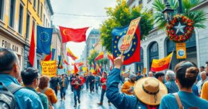 Colorful depiction of a peaceful protest scene with banners and symbols in a vibrant street setting.