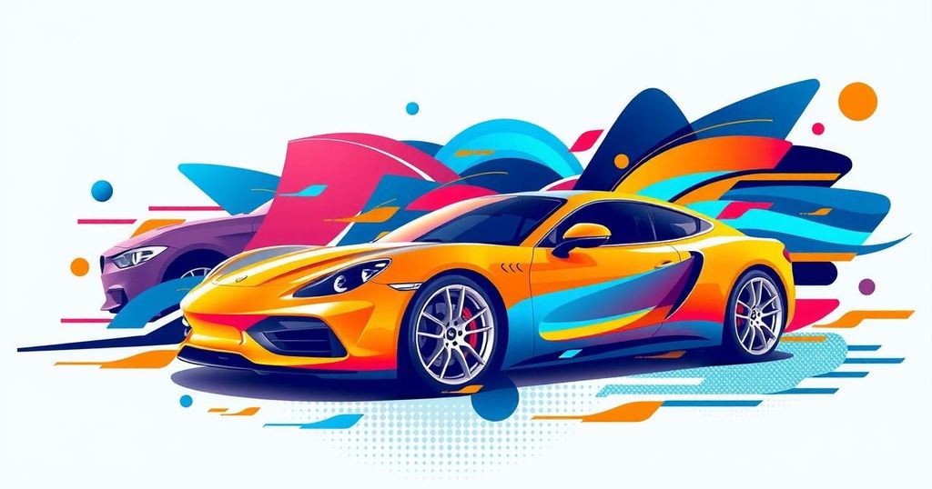 An abstract representation of the automotive industry transition, featuring colorful car silhouettes and dynamic lines.